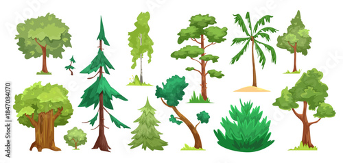Collection of cartoon-style trees and bushes in different shapes and sizes, flat graphic style, isolated on white background. Concept of nature. Vector illustration