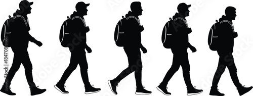 Set of Five Black Silhouette Young Men Walking in Profile, Wearing Backpacks and Caps, Isolated Vector Illustration for Travel, Adventure, Hiking, and Urban Lifestyle.