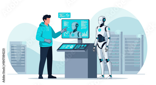 Human and Robot interaction, showcasing cutting-edge artificial intelligence in modern workspace