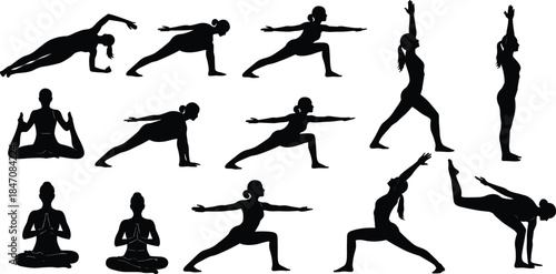Set of Twelve Black Silhouette Women Performing Various Yoga Poses and Exercises, Vector Illustration for Fitness, Wellness, Meditation, and Healthy Lifestyle Design.