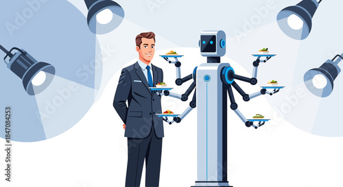 Human resources manager next to his friendly robot assistant delivering dishes in style