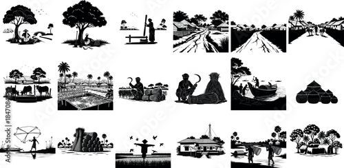 Silhouette of various camping and outdoor activities in a collage