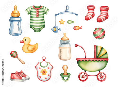 Hand painted baby shower and birthday accessories in soft pastel watercolor.