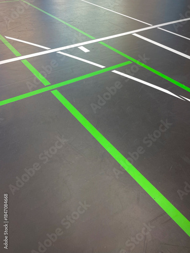 Indoor Sport Floor with Green and White Sports Court Markings, no person