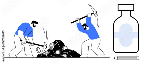 Healthcare, manual labor, pharmaceutical industry, effort, workplace safety, physical health. Two workers breaking rocks with tools near a medical bottle. Healthcare and manual labor concept