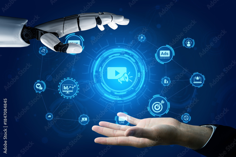 Fototapeta premium Artificial intelligence enhances video marketing by generating personalized content. AI analyzes data to optimize video marketing strategies for maximum audience engagement and reach. Entice