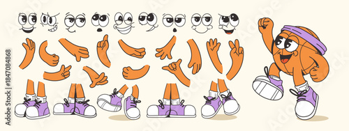 Cartoon basketball character creator set with various facial expressions, hand gestures, and shoe styles on a light background. Concept of sports mascot. Vector illustration