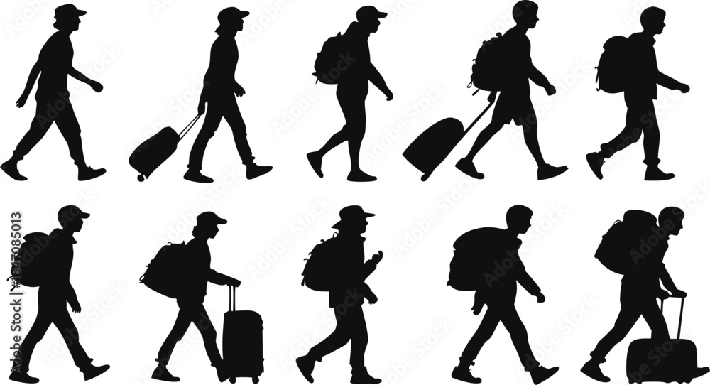 Fototapeta premium Silhouettes of travelers walking with luggage and backpacks