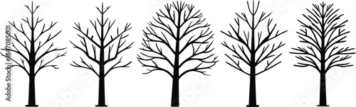 Set of five bare tree silhouettes in different shapes