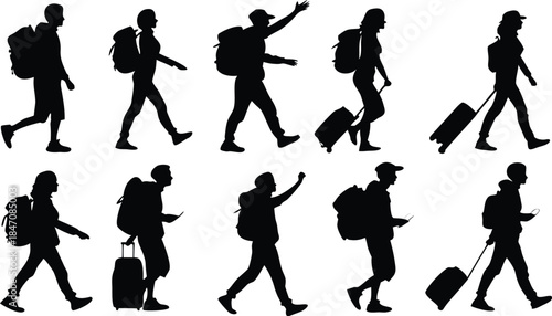Silhouettes of travelers with backpacks and luggage walking