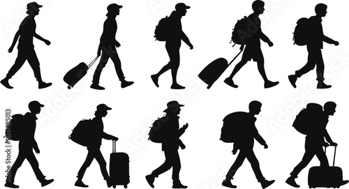Silhouettes of travelers walking with luggage and backpacks