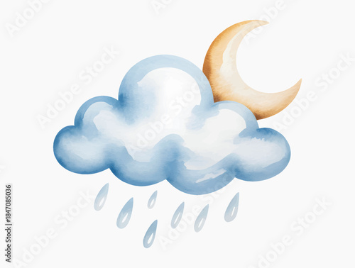 Watercolor sleeping moon on clouds for baby birthday clipart. Nursery moon and cloud illustration for kids birthday decor.