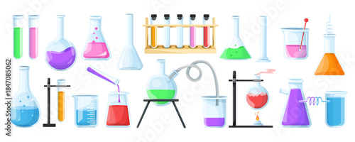 Various chemistry lab glassware filled with colorful liquids, flat cartoon style, isolated on white background. Concept of laboratory science. Vector illustration