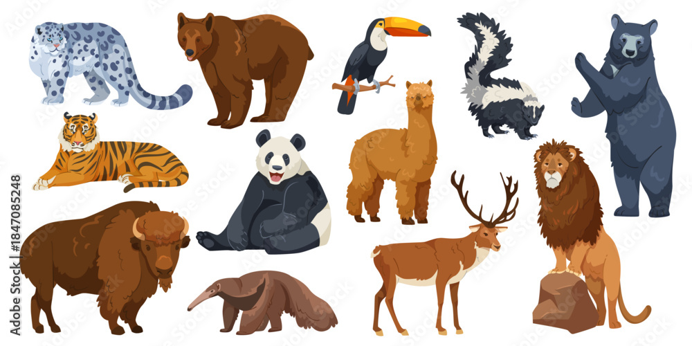 Obraz premium Group of wild animals including bear, tiger, panda, lion, alpaca, and more in cartoon style on white background. Concept of wildlife diversity. Vector illustration