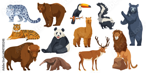 Group of wild animals including bear, tiger, panda, lion, alpaca, and more in cartoon style on white background. Concept of wildlife diversity. Vector illustration