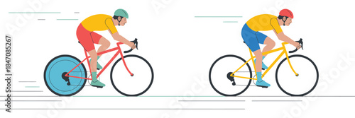 Cyclist on Bicycle Isolated Icon Vector Set with Man Rider Racing at High Speed in Flat Cartoon Minimal Style on White and Yellow Background