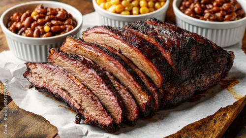 National BBQ Week Sliced smoked brisket with baked beans and corn in rustic setting