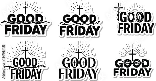 Set of six religious inspired Good Friday stickers featuring crosses and rays