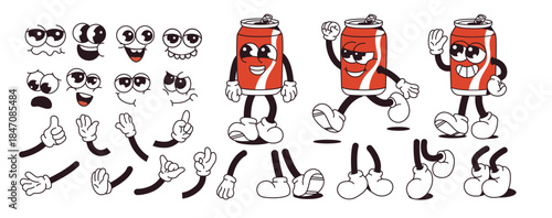 Cartoon soda can character set with various facial expressions, arms, and legs, in retro comic style on white background. Concept of animation design. Vector illustration