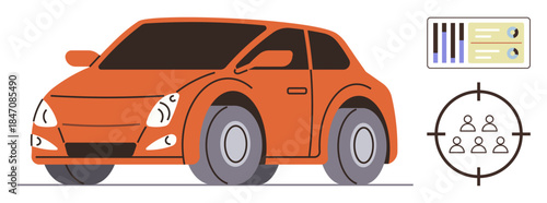 Orange car with sleek design beside an analytics panel and audience targeting icon. Ideal for marketing, automotive industry, analytics, target audience, technology, data monitoring, simple flat