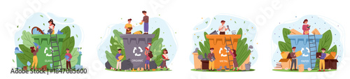Group of people sorting trash into large labeled bins for glass, organic, metal, and paper waste, cartoon style on white background. Vector illustration