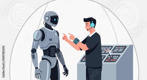 Human tech expert instructing an advanced robot at a high tech laboratory with a futuristic
