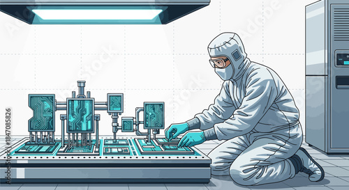 Illustration of a Semiconductor Engineer Working on a Microchip Inspection and Testing Process