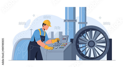 Illustration of a skilled worker operating a water treatment plant control panel system