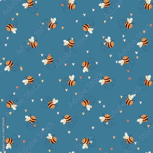 Seamless pattern with bees. Small wasp. Vector illustration. Design for invitation, cards, textile, fabric. Doodle style.