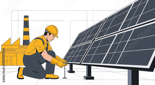 Illustration of a solar panel technician installing panels with a factory background