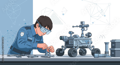 Illustration of a young engineer assembling a futuristic rover model in a laboratory setting