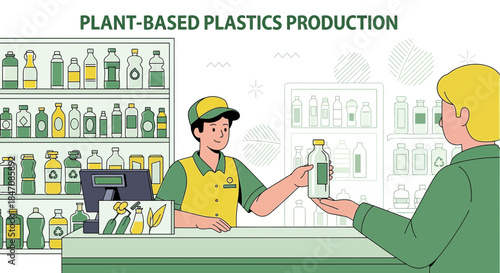 Illustration of eco-friendly plant-based plastic production and distribution in a store setting