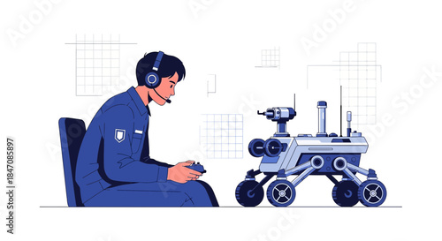 Illustration of an operator remotely piloting a rover through an interface futuristic design