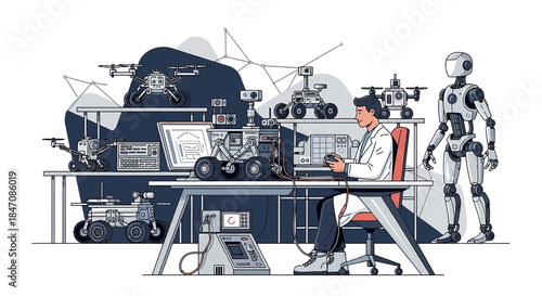 Illustrative depiction of a scientist in a lab working on robotics and artificial intelligence
