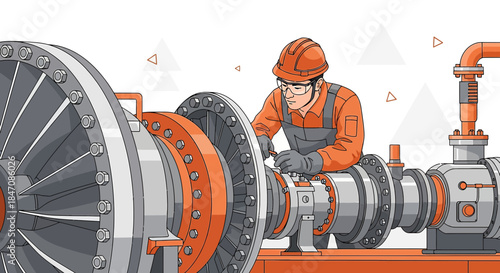 Illustrative engineer repairing large industrial machinery with safety gear in factory maintenance