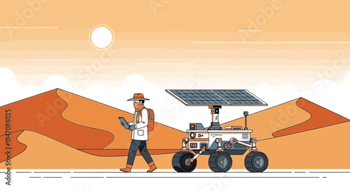 Illustrative exploration on arid planet landscape featuring rover and scientist studying data