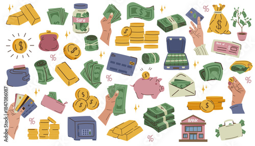 Various hand-drawn finance and money elements like bills, coins, cards, gold bars, wallets, and piggy banks on white background. Vector illustration