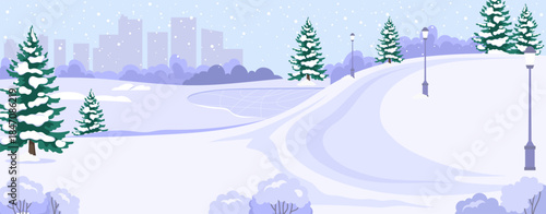 Snow-covered park with pine trees, frozen pond, and city skyline in background, light cartoon style on blue winter backdrop. Concept of winter season. Vector illustration
