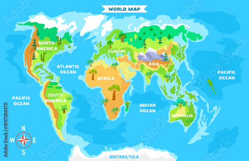 Cartoon-style colorful world map showing continents, labeled oceans, and illustrated vegetation zones on a blue background. Vector illustration