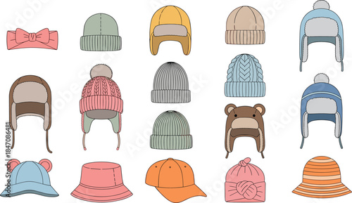 Cartoon hat collection with beanies, caps, trapper and novelty styles, colorful winter accessories, flat vector illustration set