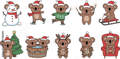 Cartoon koalas in festive Christmas activities, Santa hats, winter scenes, holiday decorations, flat vector illustration set