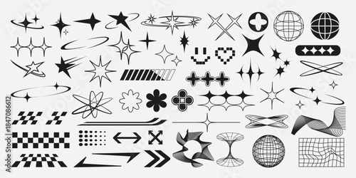 Collection of abstract black geometric, grid, star, and swirl shapes on light background. Concept of design elements. Vector illustration