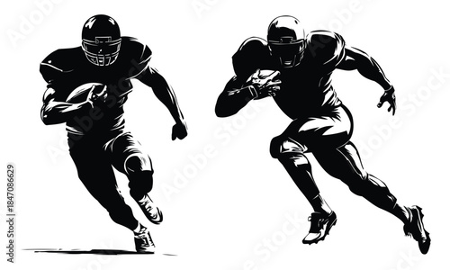 American football player vector silhouette set, powerful gridiron athlete holding ball, american football player black and white sports illustration, isolated on white background