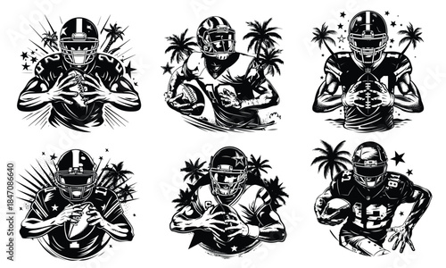 American football player vector silhouette set, powerful gridiron athlete holding ball, american football player black and white sports illustration, isolated on white background