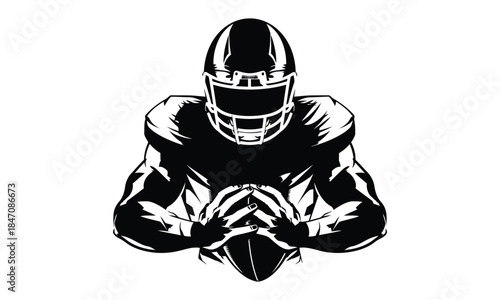 American football player vector illustration, running gridiron athlete holding ball, black and white sports silhouette with palm tree and stars, isolated on white background
