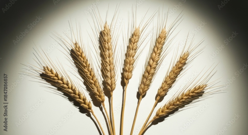 Fototapeta premium Seven stalks of golden wheat arranged in a fan shape on white backdrop