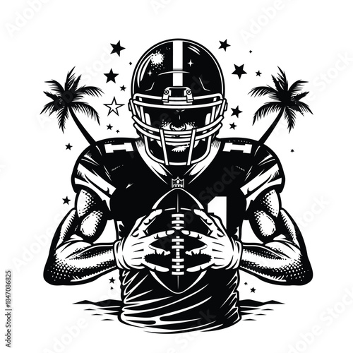 American football player vector illustration, running gridiron athlete holding ball, black and white sports silhouette with palm tree and stars, isolated on white background
