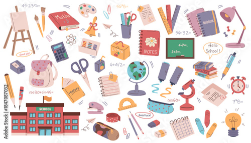 Various school supplies, books, and learning tools drawn in a cute cartoon style on a white background. Concept of education and creativity. Vector illustration