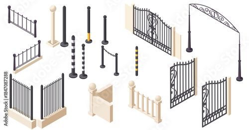Set of metal and stone fences, gates, bollards, and posts in isometric style on white background. Concept of urban security and boundary. Vector illustration