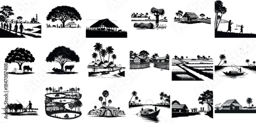 Silhouette of various scenic landscapes and structures in black and white